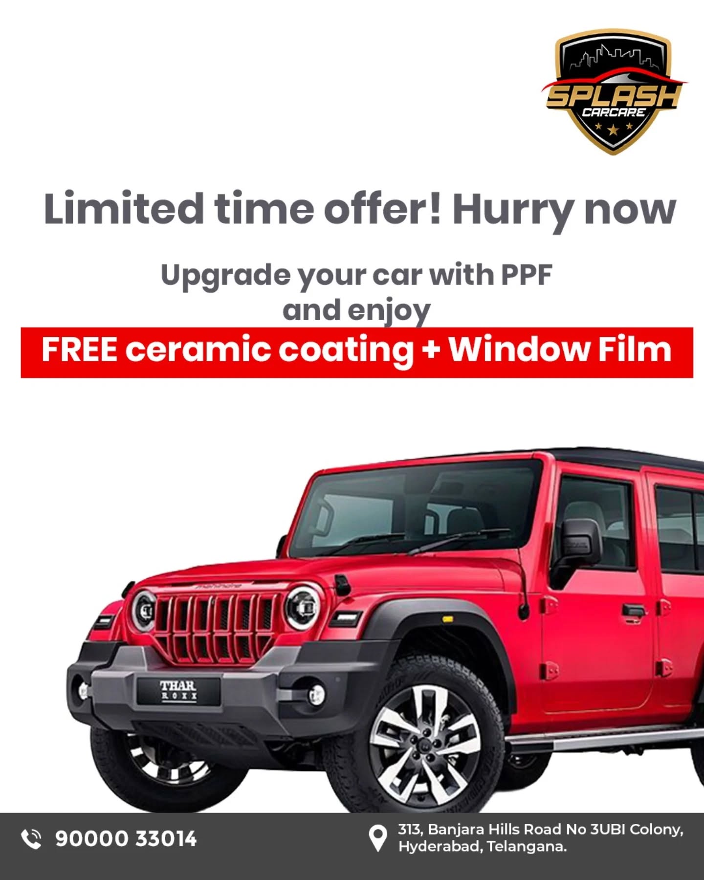 Protect your paint, enhance the shine, and drive with confidence with our premium Paint Protection Film (PPF) and get FREE Ceramic Coating + Window Film with this limited-time offer at Splash carcare. Visit us today.Visit us at:313, Banjara Hills Road No 3UBI Colony, Hyderabad, Telangana - 500034Call: +91 9000033014 | +91 8790513636www.splashcarcare.in[paint protection film Hyderabad, PPF coating car, ceramic coating free offer, car detailing services Hyderabad, window film installation car]...#SplashCarCare #PaintProtectionFilm #PPFIndia #CeramicCoating #CarDetailing