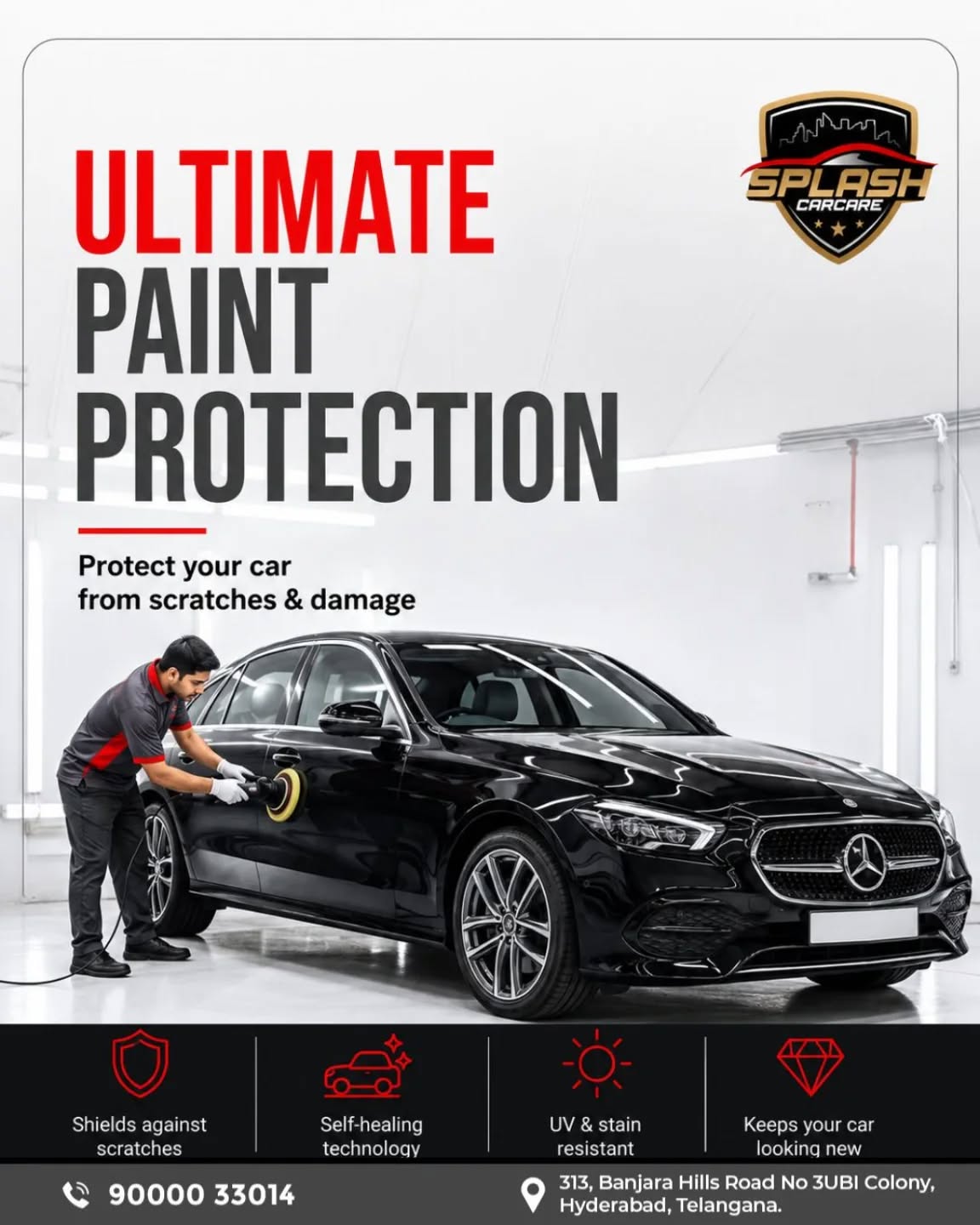 Give your car the protection it deserves with our premium Paint Protection Film (PPF)!
Keep your vehicle safe from scratches, swirl marks, UV damage & daily wear while maintaining that showroom shine.At Splash Car Care, we provide high-quality PPF solutions with self-healing technology for long-lasting protection and gloss.📍 Banjara Hills, Hyderabad
📞 90000 33014#SplashCarCare #PPFProtection #CarCareIndia #PaintProtectionFilm #HyderabadCars(PPF coating, paint protection film, car detailing Hyderabad, car paint protection, ceramic coating Hyderabad, luxury car care, Mercedes detailing, scratch protection film, car coating services, premium car detailing, self healing PPF, UV resistant coating, car shine protection, auto detailing studio, car protection Hyderabad, paint protection Hyderabad, car scratch protection, luxury car maintenance, vehicle detailing services, Splash Car Care)