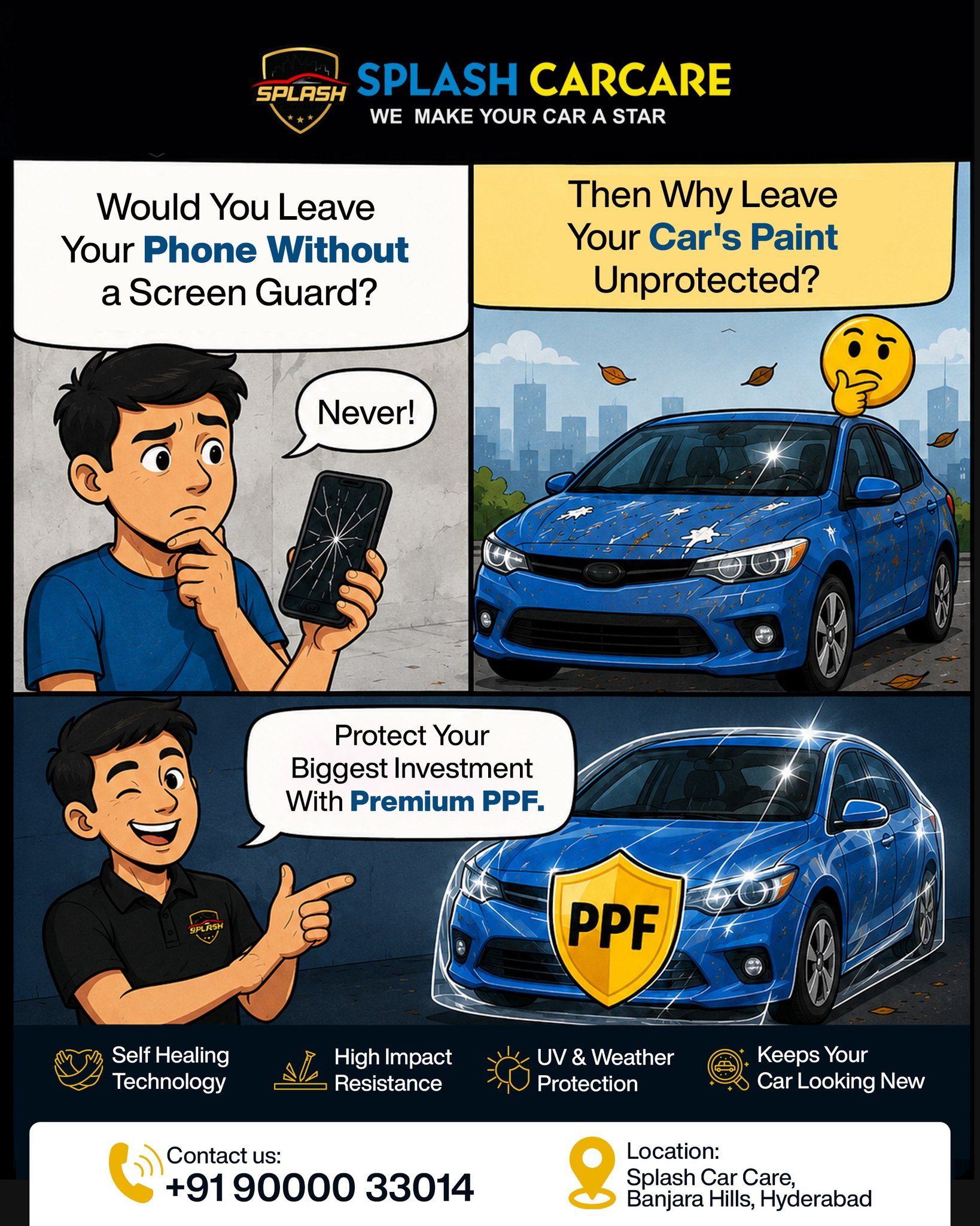 📱 You'd never use your phone without a screen guard...So why leave your car's paint unprotected? 🤔Your car is one of your biggest investments. Give it the same level of protection with Premium PPF and keep it safe from scratches, stone chips, UV damage, and everyday wear.💬 Would you protect your car with PPF?
👇 Tell us in the comments: YES or NO📍 Splash Car Care | Hyderabad
📞 +91 99492 52229
🌐 splashcarcare.in#SplashCarCare  #ppffilm  #painting  #carcare #CarProte