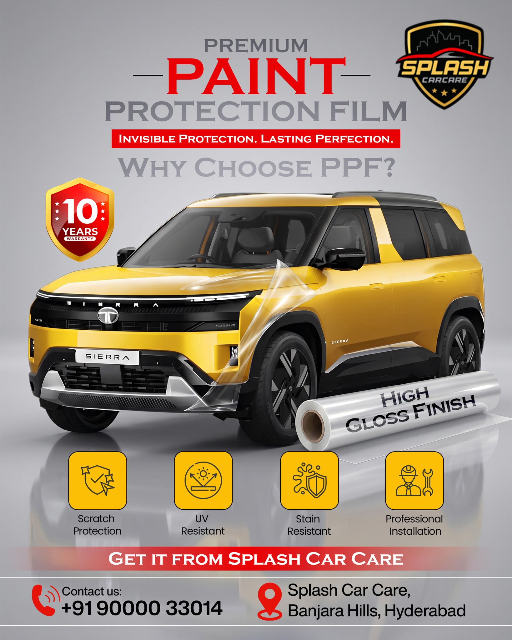 🛡️ Your Tata Sierra deserves protection as bold as its design.Keep your SUV looking showroom-new with Premium Paint Protection Film (PPF) from Splash Car Care. Our high-performance PPF forms an invisible shield against scratches, stone chips, UV rays, and everyday road damage—while enhancing your vehicle's gloss.✨ High Gloss Finish
🛡️ Scratch & Stone Chip Protection
☀️ UV & Stain Resistance
👨‍🔧 Precision Professional Installation
⭐ Up to 10 Years WarrantyProtect your investment today and drive with confidence for years to come.📍 Splash Car Care, Banjara Hills, Hyderabad
📞 +91 90000 33014(Tata Sierra, Tata Motors, Paint Protection Film, PPF, Car Detailing, Paint Protection, Scratch Protection, Stone Chip Protection, Self-Healing PPF, UV Protection, Luxury Car Care, Premium Car Care, Hyderabad)#TataSierra #TataMotors #PPF #PaintProtectionFilm #CarProtection #CarDetailing #ScratchProtec